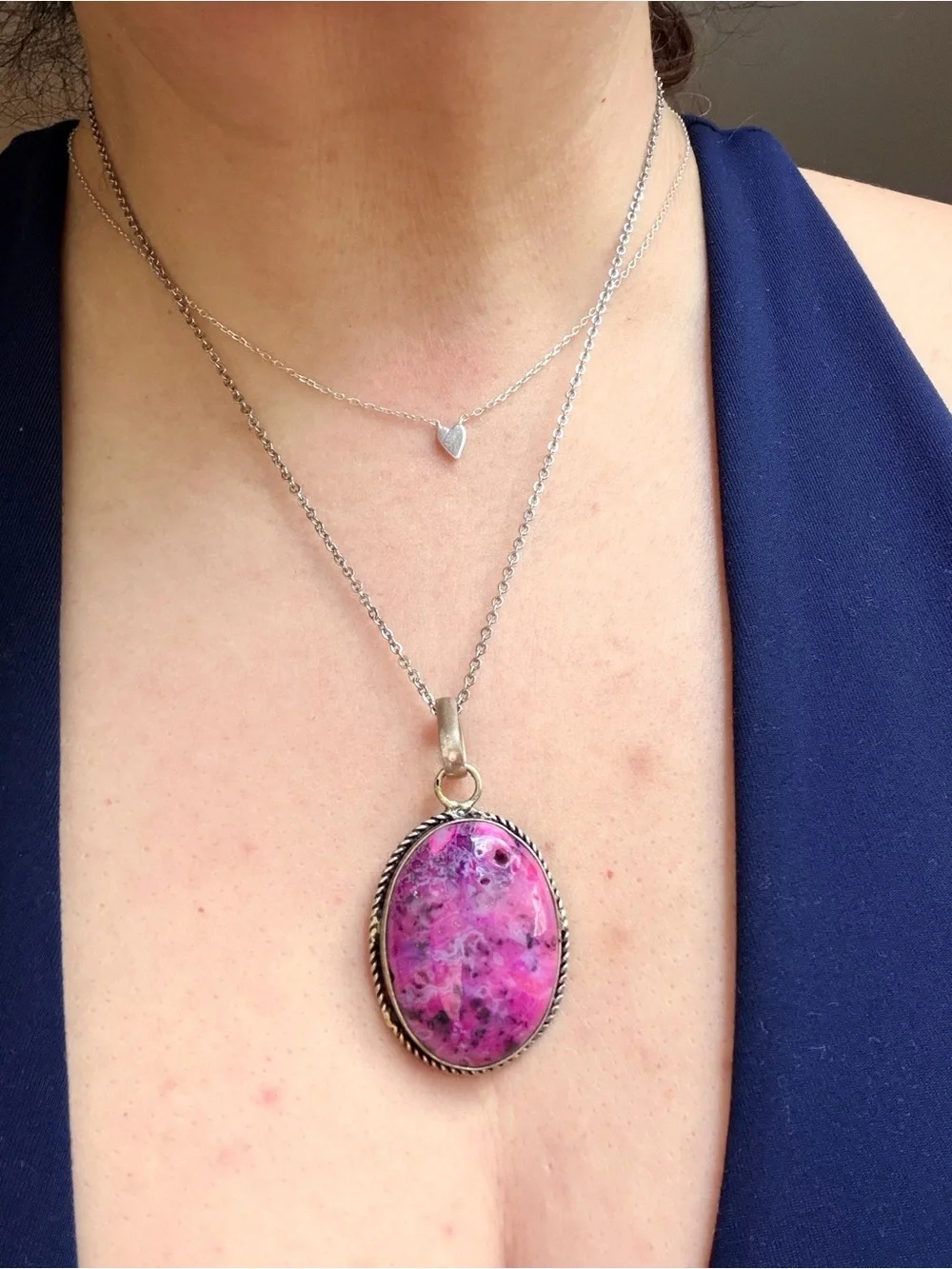 Handcrafted Pink Oval Stone Pendant Necklace in Silver Tone 925
